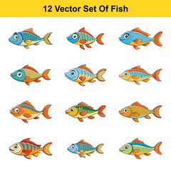 Twelve Colorful Cartoon Fish Vector Set: Perfect for Kids' Designs, Illustrations, and Educational Materials