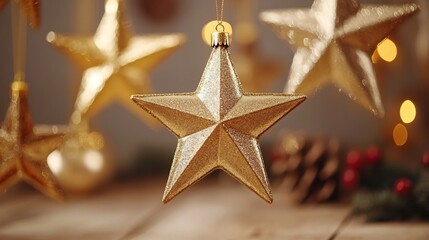 Christmas star decorations Elegant hanging golden stars twinkling a softly lit room creating a magical holiday ambiance