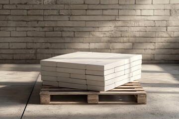 Stack of white boxes on a pallet. The pallet is on a cement floor