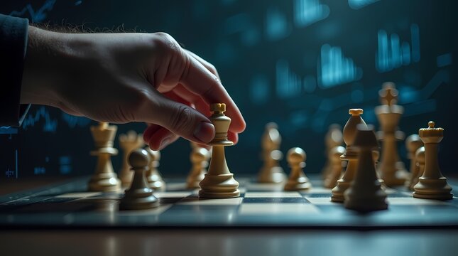 A hand moves a chess piece, symbolizing strategic decision-making in risk management