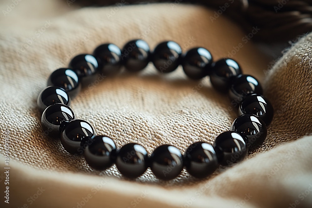 Poster charming black bead bracelet on a soft fabric showing its glossy finish and elegance : generative ai