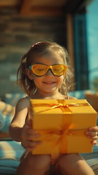 smiling little girl with swim goggles holding a colorful gift, joyful summer moment by the pool