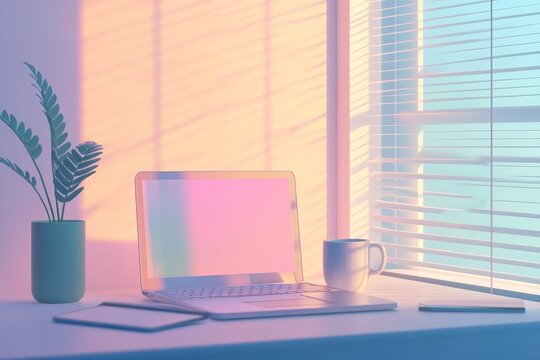 3d vector illustration of a laptop, notebook, and coffee mug in pastel colors with sunlight - Powered by Adobe