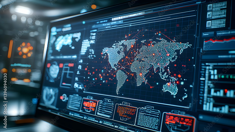 Aufkleber digital world map on computer screen