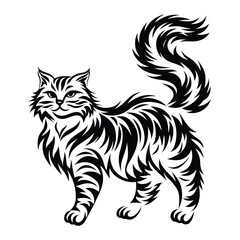 Black and White Cat Illustration, Tribal Style Feline Design with Swirling Fur Details
