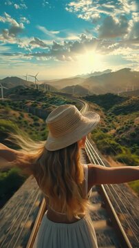Woman with hat, embracing a sustainable travel lifestyle amidst windmills and scenic railway tracks, symbolizing freedom and adventure