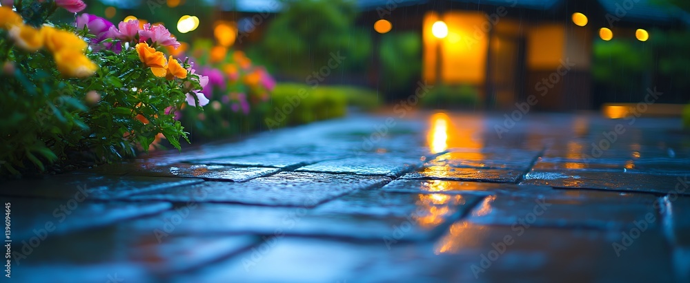 Aufkleber beautiful walkway surrounded by colorful flowers and soft glow of lights after rain : generative ai