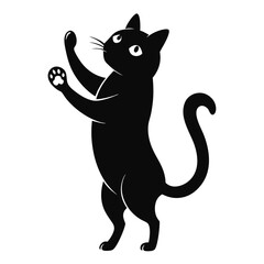 Playful Black Cat Silhouette Standing on Hind Legs with Paws Up on White Backdrop