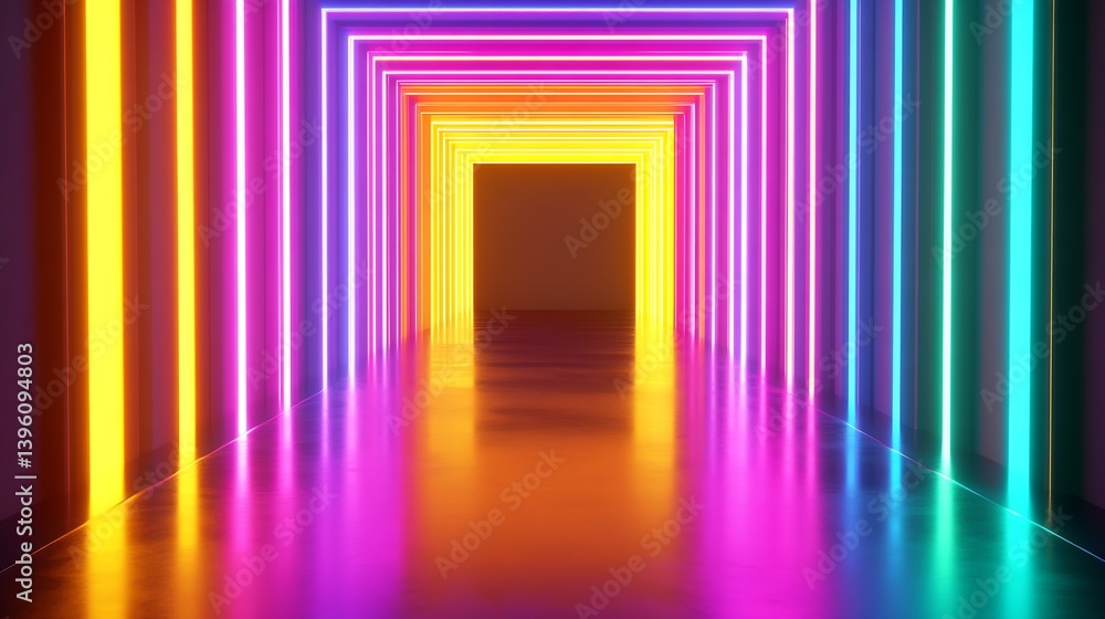 Poster Illuminated Neon Corridor with Colorful Light Patterns Creating a Mystical Passageway : Generative AI