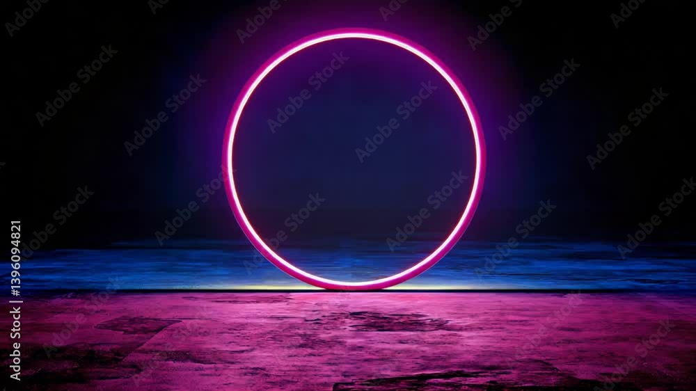 Poster neon circle ring shines in empty space for retro fashion show generative ai