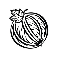 Stylized Gooseberry Black and White Berry with Leaf Detail, Isolated Design