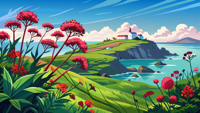Wild Red Valerian flowers (Centranthus ruber) blooming on the Irish hills on a summer day with the iconic Dalkey Island in the distance in Dublin, 