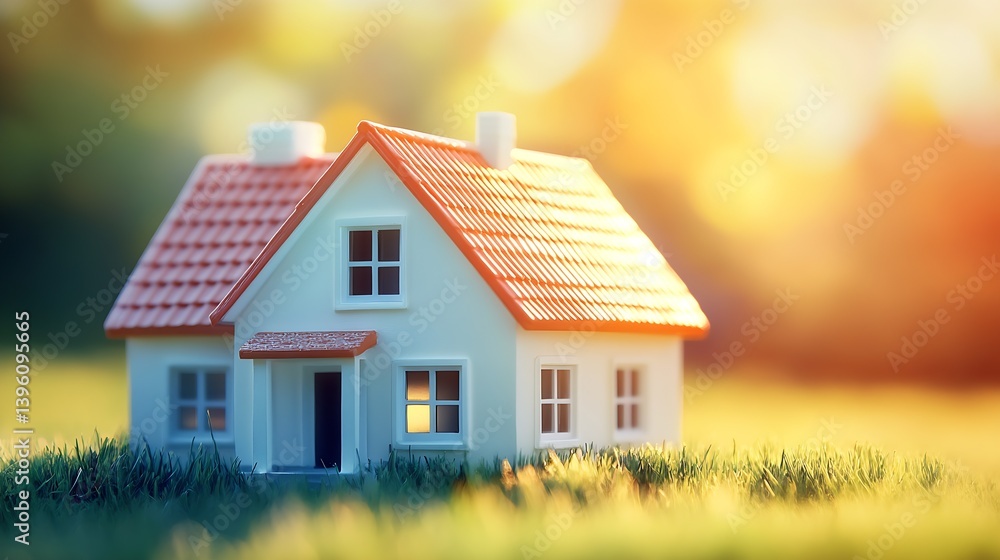 Poster charming miniature house on grass with glow of sunlight creating a warm ambiance : generative ai