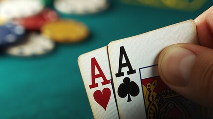 Stunning close up of two pairs of aces in poker game highlighting winning hand with chips in background : Generative AI