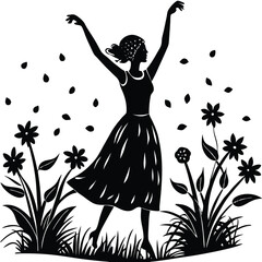Silhouette of Woman in Nature with Flowers, Leaves, and Upward Arms
