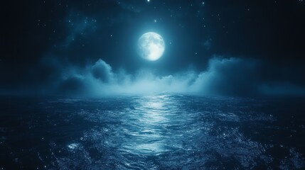 Moonlit Night Over the Ocean with Stars and Clouds