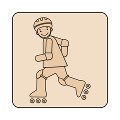 Smiling boy with helmet on inline skates, side view – soft cartoon-style icon in cream tones for signage or education