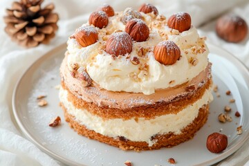 A hazelnut cream cake is displayed on a light plate. It features layers of fluffy cake and creamy frosting, topped with toasted nuts and powdered sugar for a delightful finish