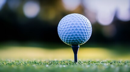Detailed close up of a textured golf ball on a tee with blurred background representing the game : Generative AI