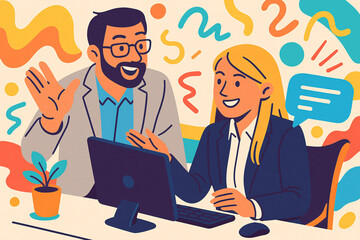 Cheerful Coworkers Collaborating at the Computer