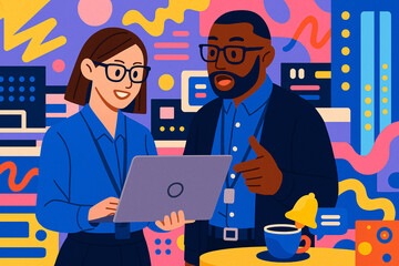 Tech Collaboration Between Colleagues in a Vibrant Workspace