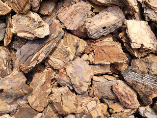 Abstract pine bark background, Wooden background, Timber product for the garden covering, relaxing zone or children playgrounds