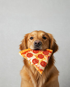 Golden retriever dog holds a slice of pizza in his mouth isolated on grey background
