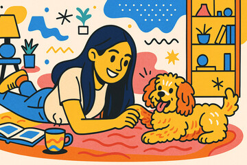 Woman Relaxing with Her Adorable Puppy at Home