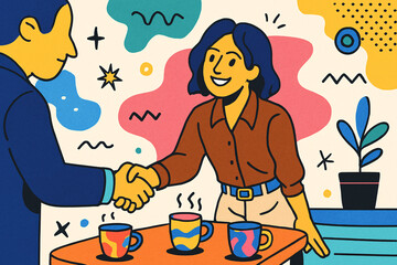 Friendly Handshake over Coffee