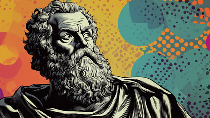 Pop art illustration of Socrates with colorful comic background, philosophical expression, black and white engraving style, Greek philosopher reinterpretation
