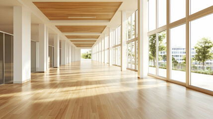 Fototapeta premium Empty Modern Office Hallway With Large Windows