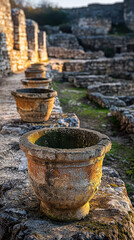 Naklejka premium Ancient weathered terracotta pots sit in a row along a stone pathway within the ruins of an old historical site bathed in the warm golden light of the setting sun.