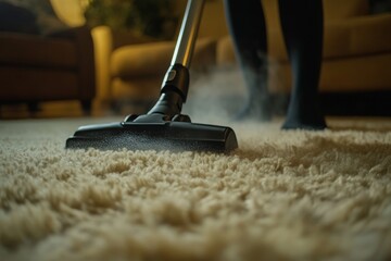 Close up of a woman vacuuming dust from a fluffy beige rug with a steam cleaning machine at home