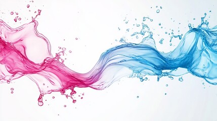 Pink and blue liquid splash colliding against each other on a white clean background with droplets