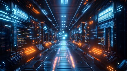 Fototapeta premium Cybernetic Corridor: Explore a high-tech futuristic corridor aglow with electric blue and orange lights, a symphony of technology and design, and a gateway to a world of digital innovation.