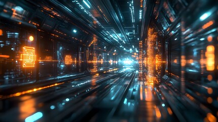 Fototapeta premium Futuristic Tunnel Vision: A mesmerizing digital perspective of a vibrant tunnel, illuminated by glowing lights and intricate data streams.