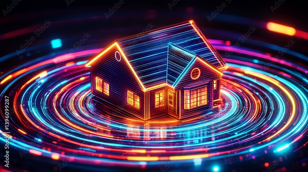 Poster Illuminated home surrounded by colorful circular light patterns representing energy and movement : Generative AI