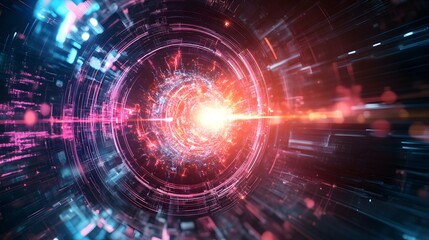 Obraz premium Technological Core: A vibrant display of interconnected digital pathways, radiating energy and representing innovation and progress in the realm of technology, a futuristic digital landscape.