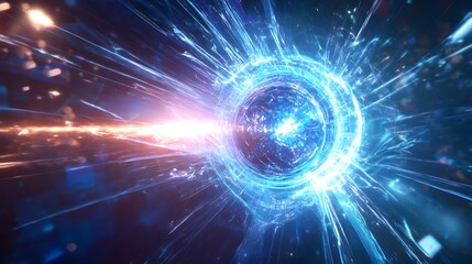 Fototapeta premium Energetic Beam: A visual representation of energy beam, vibrant light streaks, with a central core surrounded by electric arcs, symbolizing the intersection of cutting-edge scientific innovation.