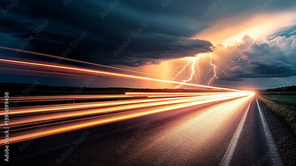 Poster Glistening Lightning Over Highway with Fast Moving Light Trails Creating a Dramatic Scene : Generative AI