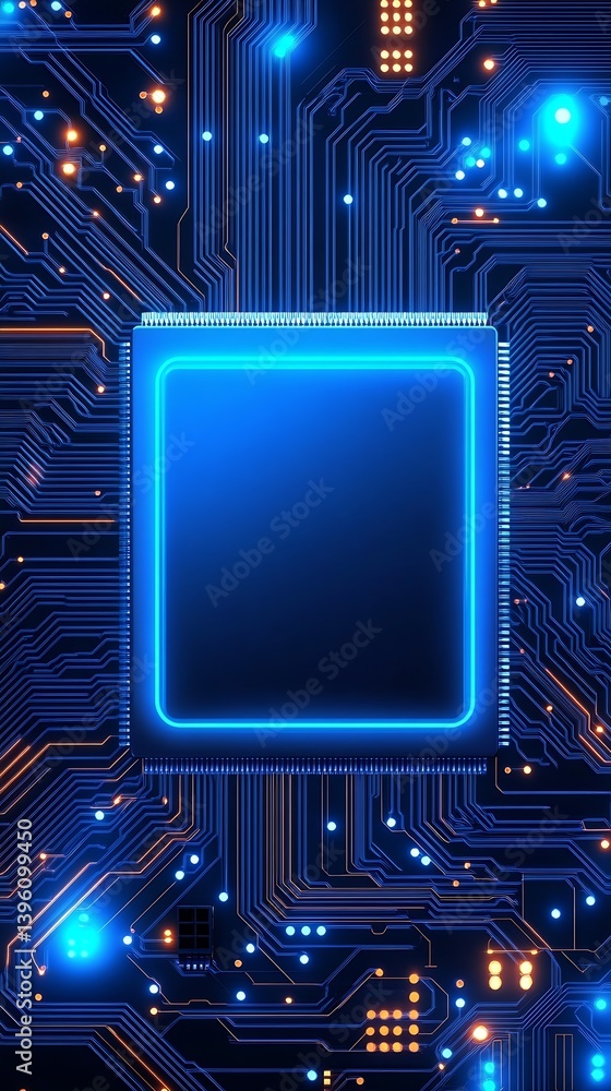 Poster futuristic close-up of a computer chip on a vivid blue circuit board : generative ai