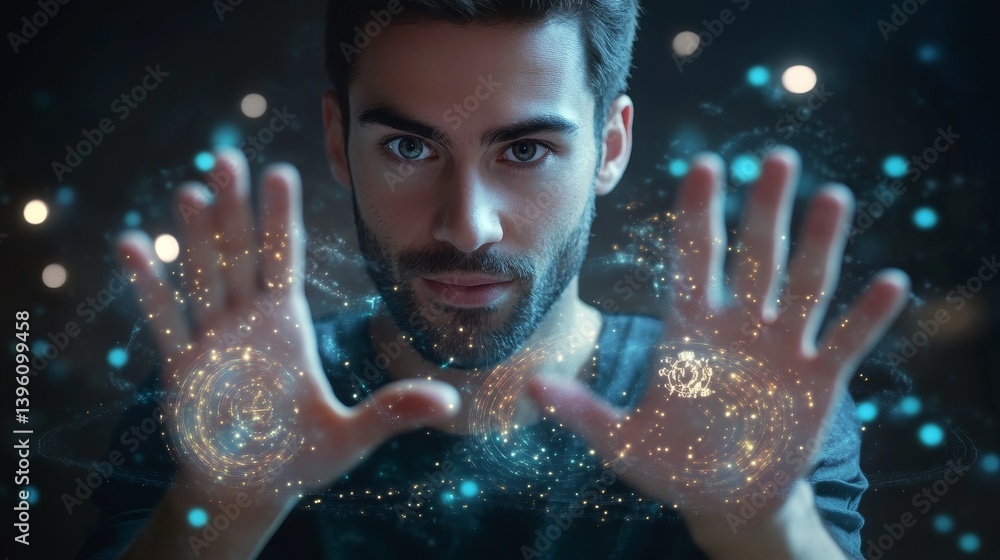 Poster futuristic technology a young man engaging with a holographic interface for advanced interaction and
