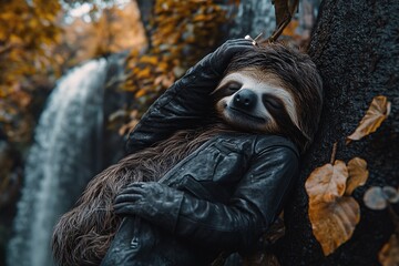 Fototapeta premium Relaxed Sloth in Leather Jacket by Waterfall
