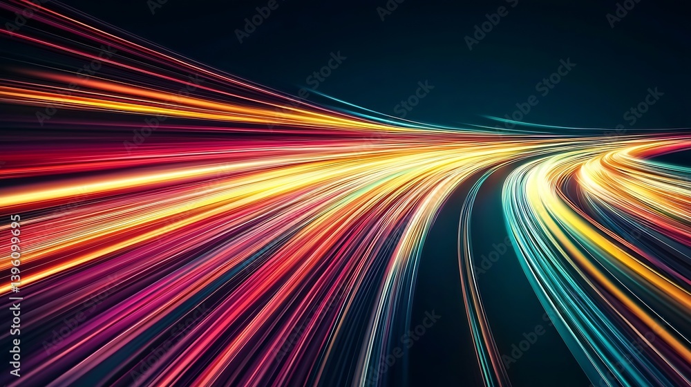 Fototapete Striking and colorful light trails evoking a feeling of speed and movement in an abstract digital art style : Generative AI