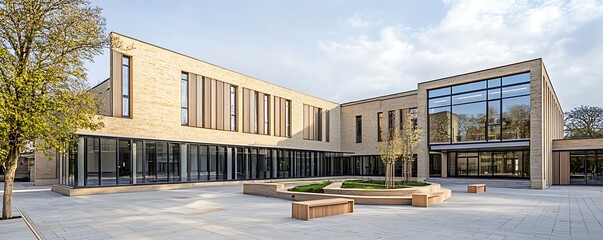 A contemporary school building with modern architectural design and subtle traditional elements, including high ceilings and a minimalist fa? section ade.