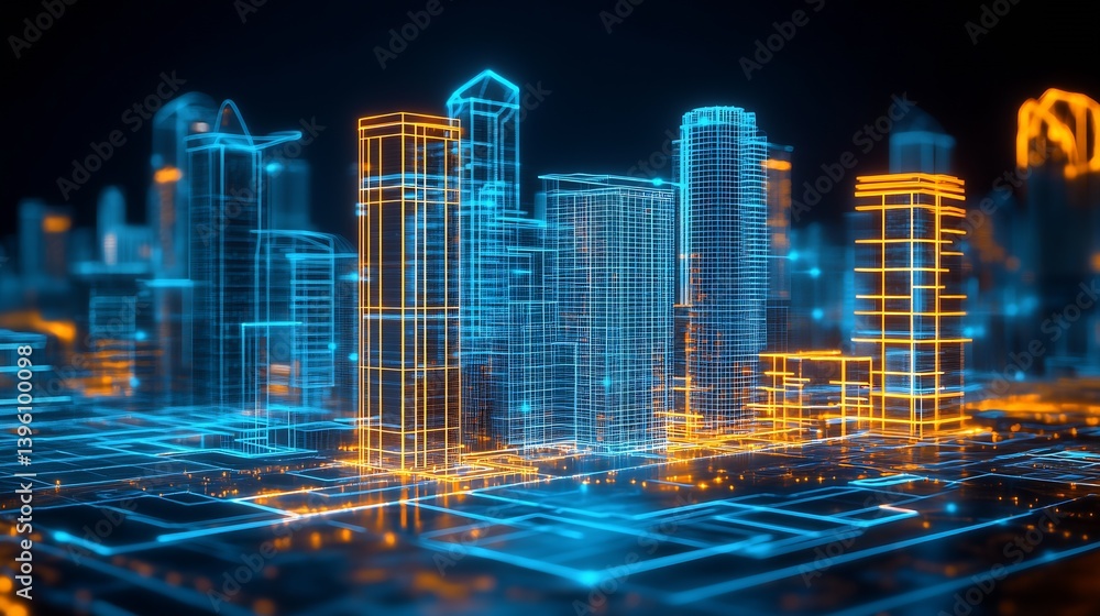 Poster futuristic city skyline with glowing neon lights and digital layout showcasing technological advance