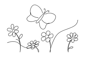 Minimalist Butterfly And Flower Line Art Design Black Outline On White
