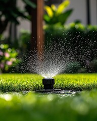 Focused View of a Sprinkler Misting Water Over a Verdant Garden Landscape : Generative AI
