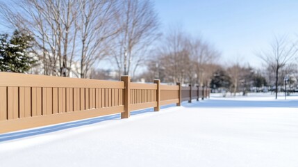A wooden fence standing in a snowy landscape, bare trees in the background, serene winter scene with clear blue sky, and peaceful outdoor setting.