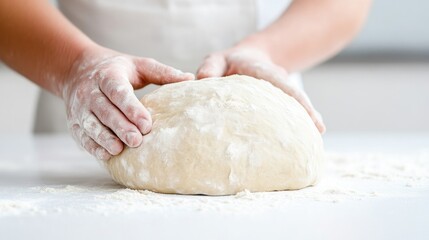 A bakers hands kneading fresh dough on a clean white countertop, close-up shot with flour scattered around, and concept of homemade baking.
